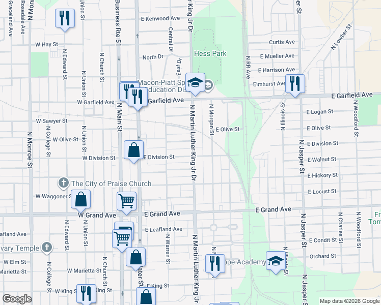map of restaurants, bars, coffee shops, grocery stores, and more near 1620-1698 North Martin Luther King Junior Drive in Decatur
