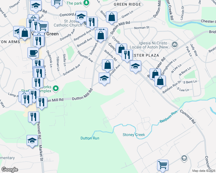 map of restaurants, bars, coffee shops, grocery stores, and more near 2880 Pancoast Avenue in Aston