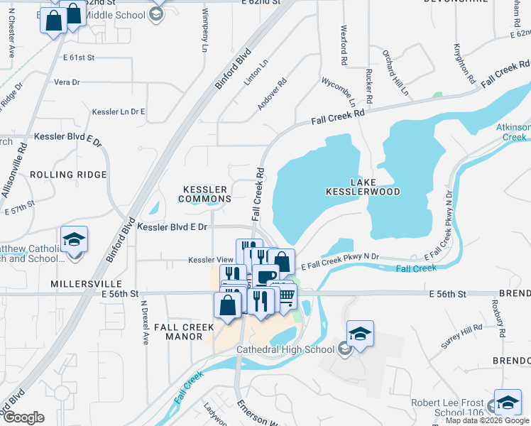 map of restaurants, bars, coffee shops, grocery stores, and more near 5653 Kessler Boulevard East Drive in Indianapolis