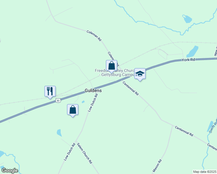 map of restaurants, bars, coffee shops, grocery stores, and more near 3045 York Road in Gettysburg