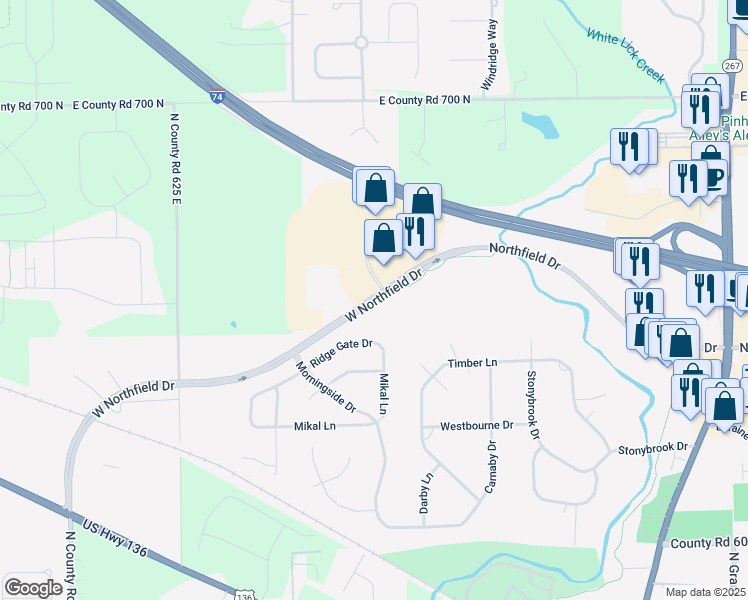 map of restaurants, bars, coffee shops, grocery stores, and more near 580 West Northfield Drive in Brownsburg