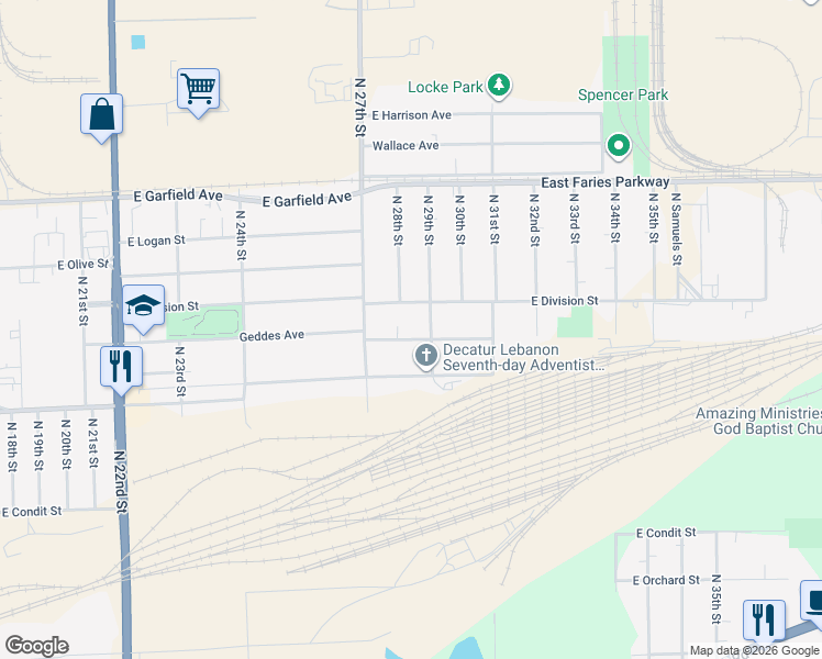 map of restaurants, bars, coffee shops, grocery stores, and more near 2805 East Division Street in Decatur