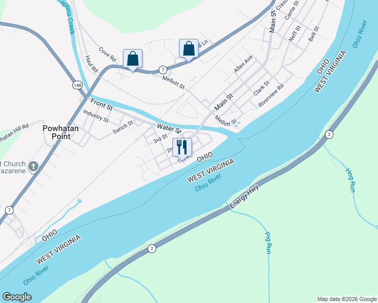 map of restaurants, bars, coffee shops, grocery stores, and more near 114 2nd Street in Powhatan Point