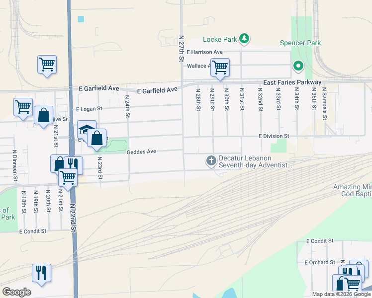 map of restaurants, bars, coffee shops, grocery stores, and more near 1606 North 27th Street in Decatur