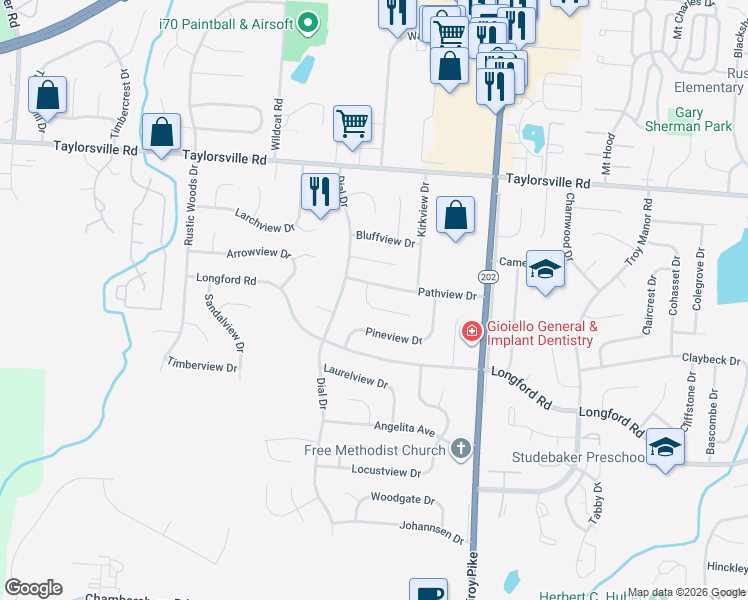 map of restaurants, bars, coffee shops, grocery stores, and more near 5021 Pathview Drive in Dayton