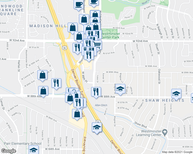 map of restaurants, bars, coffee shops, grocery stores, and more near 8883 Yates Drive in Westminster