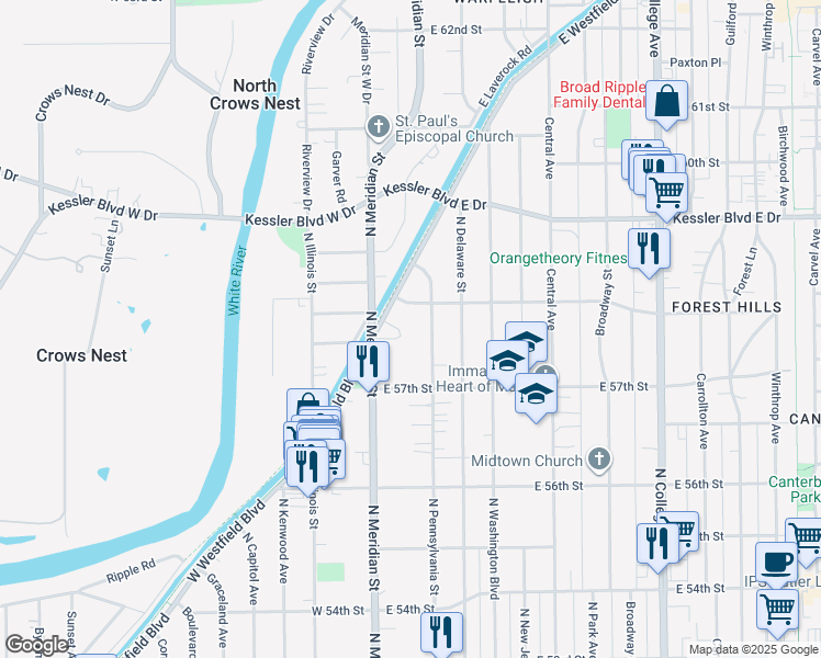 map of restaurants, bars, coffee shops, grocery stores, and more near 5794 North Pennsylvania Street in Indianapolis