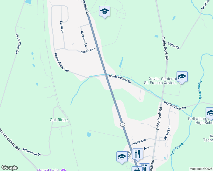 map of restaurants, bars, coffee shops, grocery stores, and more near 1250 Biglerville Road in Gettysburg