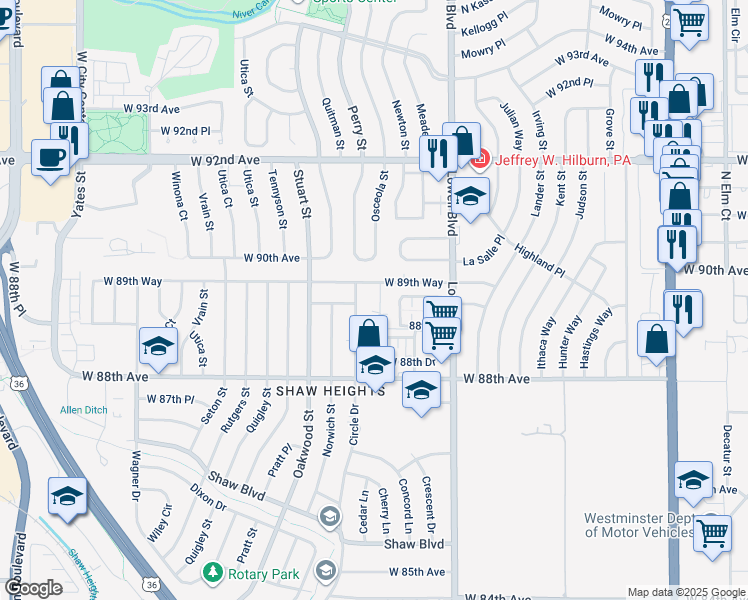 map of restaurants, bars, coffee shops, grocery stores, and more near 8973 Mccoy Place in Westminster