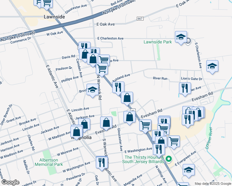 map of restaurants, bars, coffee shops, grocery stores, and more near 423 U.S. 30 in Magnolia
