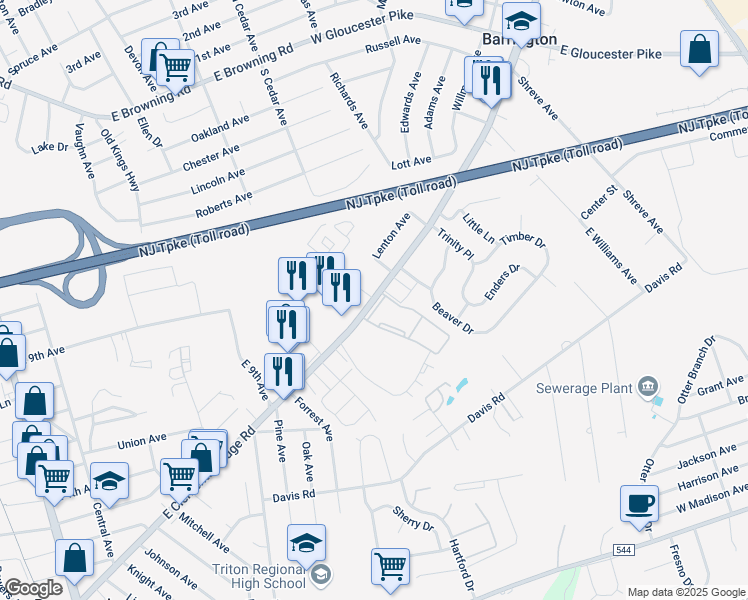map of restaurants, bars, coffee shops, grocery stores, and more near 1201 East Clements Bridge Road in Barrington