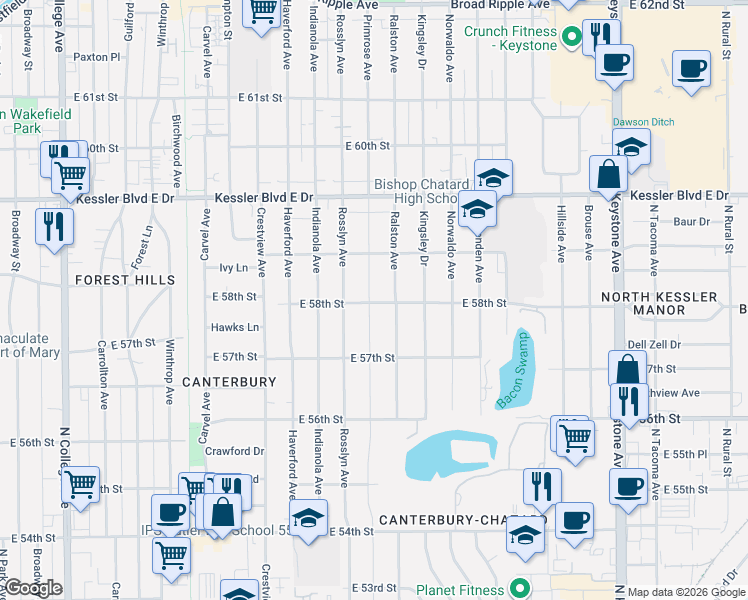 map of restaurants, bars, coffee shops, grocery stores, and more near 5816 Primrose Avenue in Indianapolis