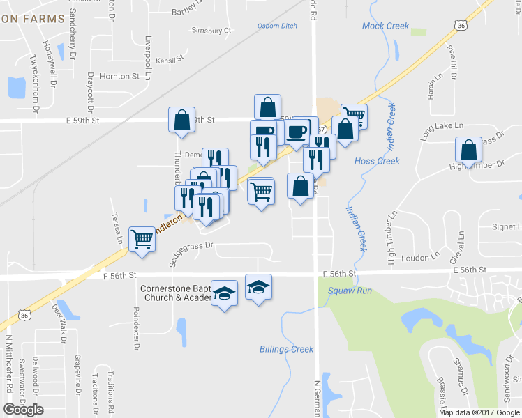 map of restaurants, bars, coffee shops, grocery stores, and more near 10735 Pendleton Pike in Lawrence