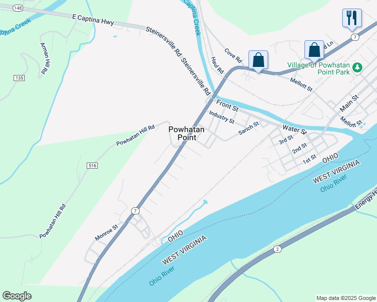 map of restaurants, bars, coffee shops, grocery stores, and more near in Powhatan Point