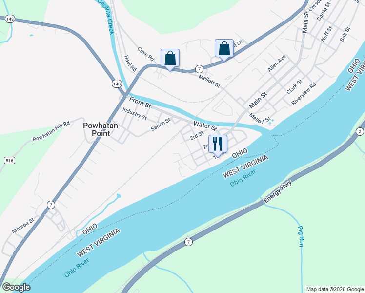map of restaurants, bars, coffee shops, grocery stores, and more near 119 3rd Street in Powhatan Point