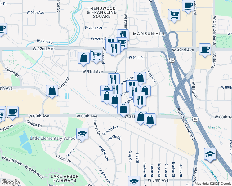 map of restaurants, bars, coffee shops, grocery stores, and more near 8986 North Harlan Street in Westminster
