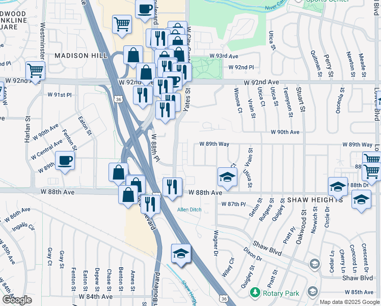 map of restaurants, bars, coffee shops, grocery stores, and more near 4852 West 89th Way in Westminster