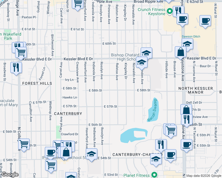 map of restaurants, bars, coffee shops, grocery stores, and more near 5816 Primrose Avenue in Indianapolis