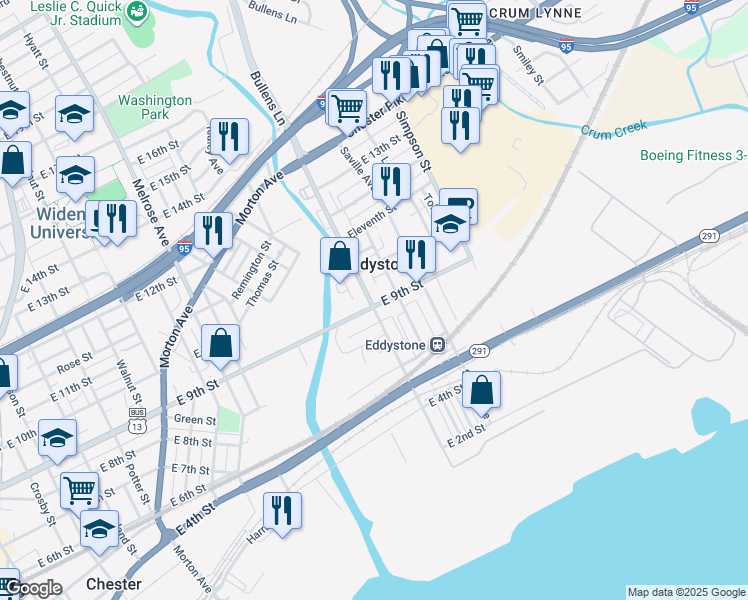 map of restaurants, bars, coffee shops, grocery stores, and more near in Eddystone