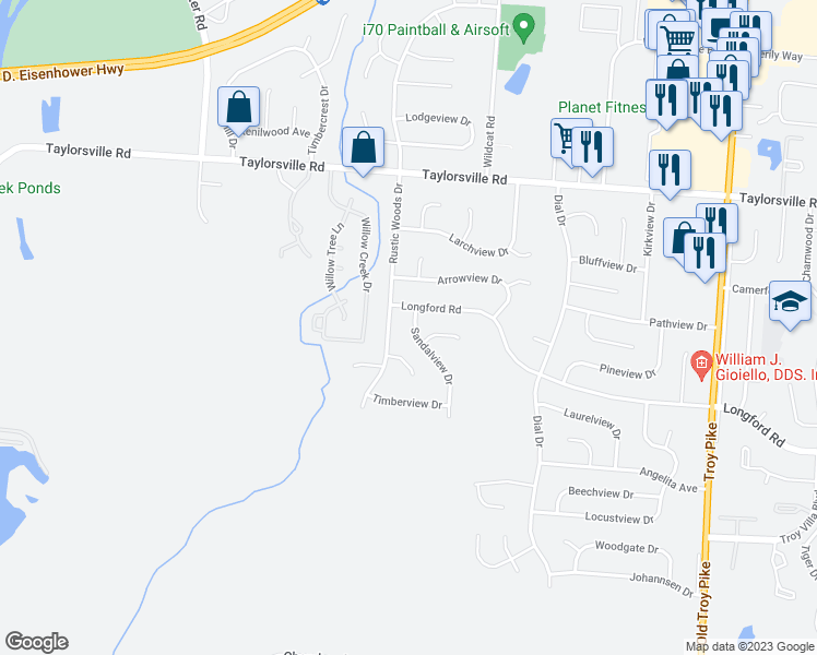 map of restaurants, bars, coffee shops, grocery stores, and more near 7085 Sandalview Drive in Dayton