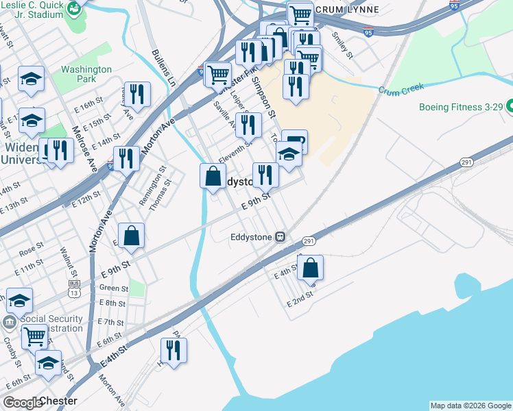 map of restaurants, bars, coffee shops, grocery stores, and more near 1300 9th Street in Crum Lynne