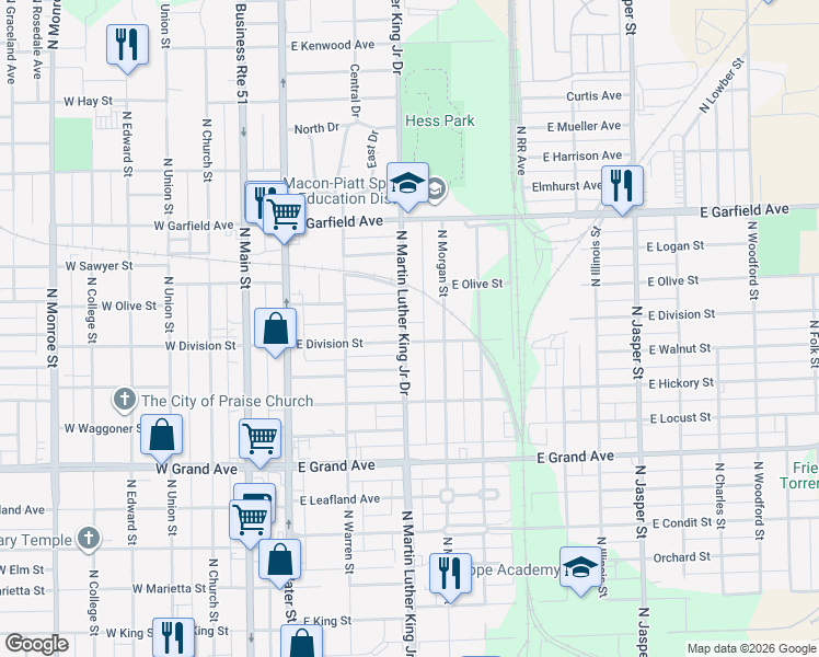 map of restaurants, bars, coffee shops, grocery stores, and more near 1620 North Martin Luther King Junior Drive in Decatur