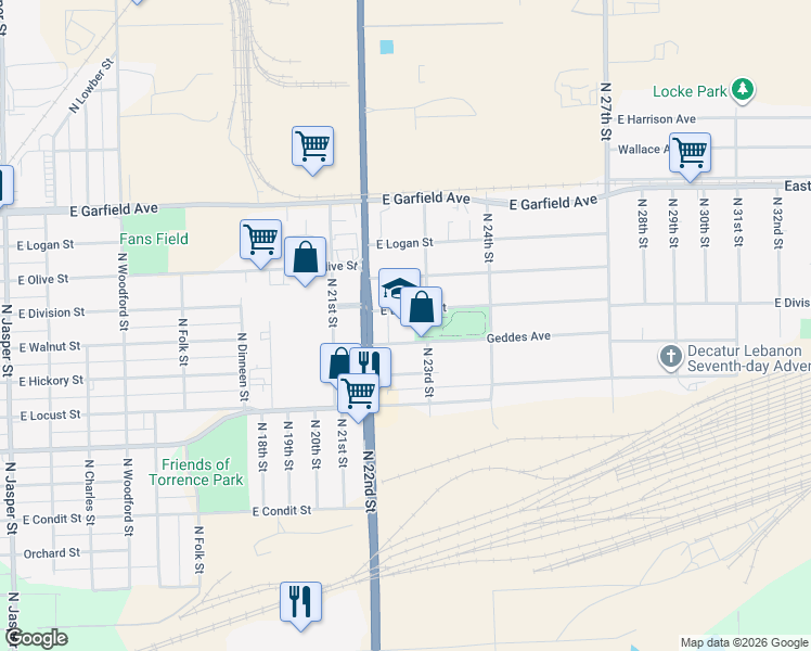 map of restaurants, bars, coffee shops, grocery stores, and more near 2201 East Division Street in Decatur