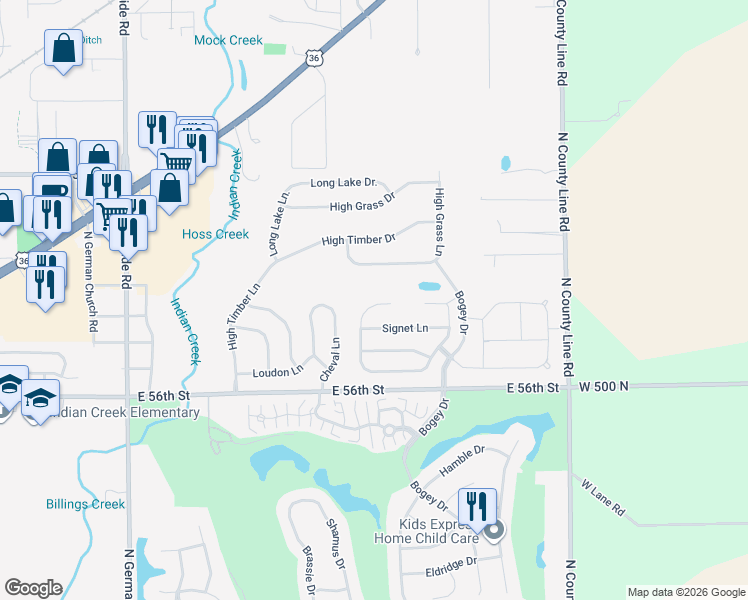 map of restaurants, bars, coffee shops, grocery stores, and more near 5730 Congressional Place in Indianapolis