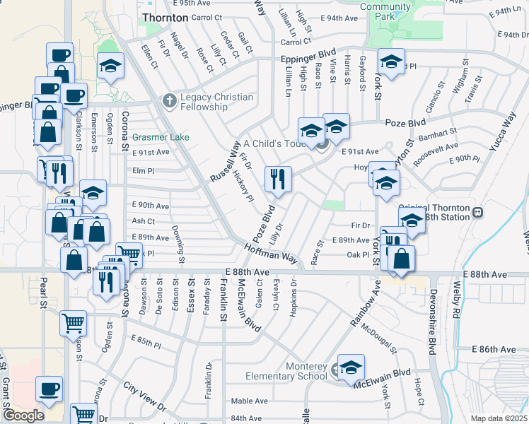 map of restaurants, bars, coffee shops, grocery stores, and more near 8971 Poze Boulevard in Thornton
