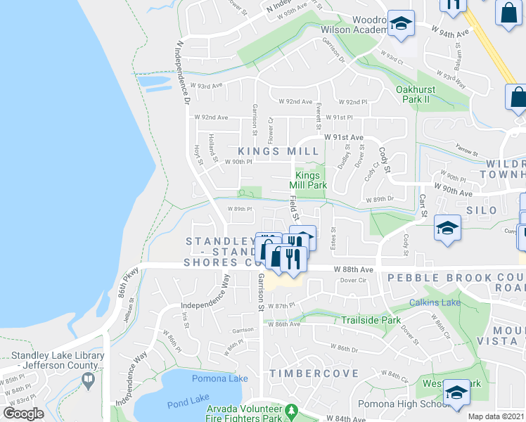 map of restaurants, bars, coffee shops, grocery stores, and more near 8999 Field Street in Westminster