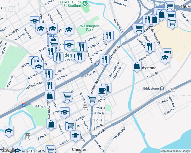 map of restaurants, bars, coffee shops, grocery stores, and more near 1028 Morton Avenue in Chester