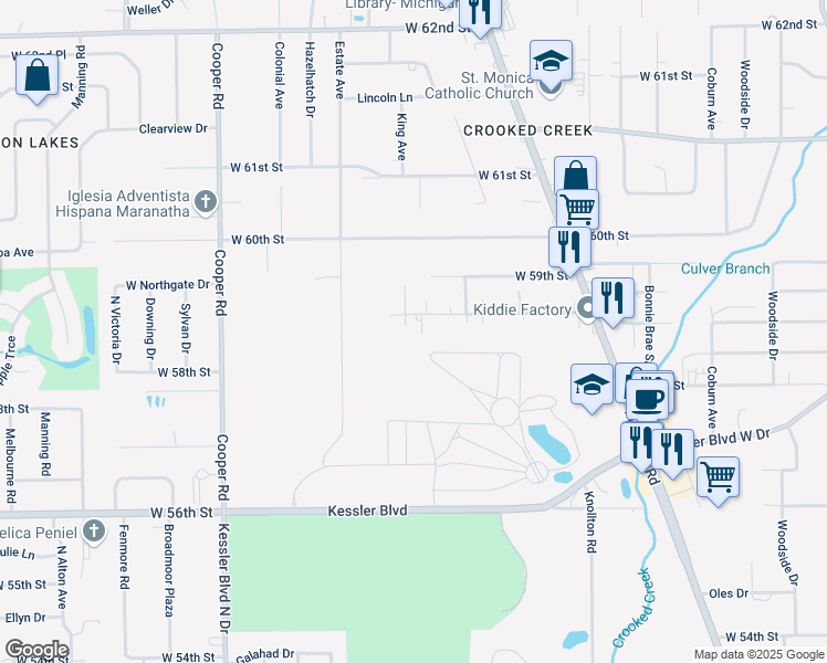 map of restaurants, bars, coffee shops, grocery stores, and more near 2453 West 58th Street in Indianapolis