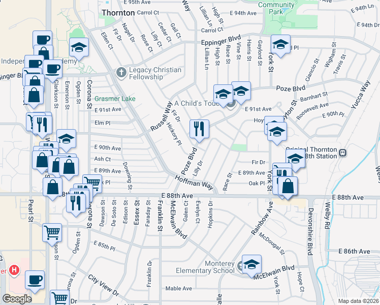 map of restaurants, bars, coffee shops, grocery stores, and more near 8971 Poze Boulevard in Thornton