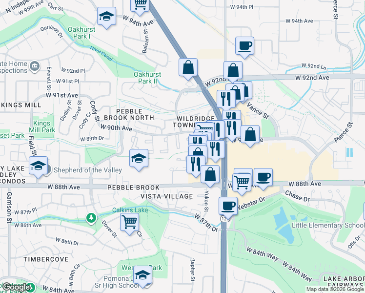 map of restaurants, bars, coffee shops, grocery stores, and more near 7806 West 90th Avenue in Broomfield