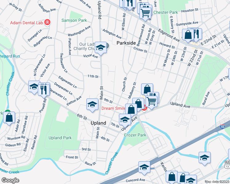 map of restaurants, bars, coffee shops, grocery stores, and more near 1005 Woodside Avenue in Brookhaven