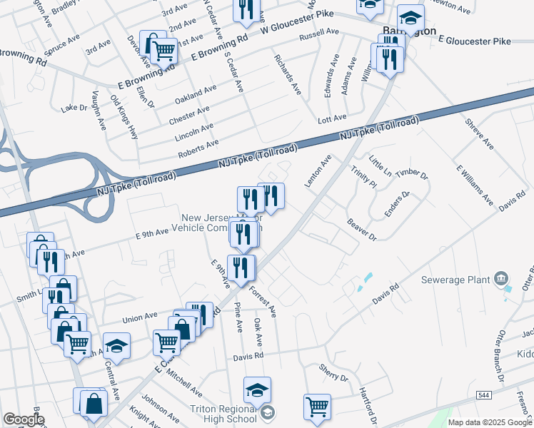 map of restaurants, bars, coffee shops, grocery stores, and more near 1203 Clements Bridge Road in Barrington