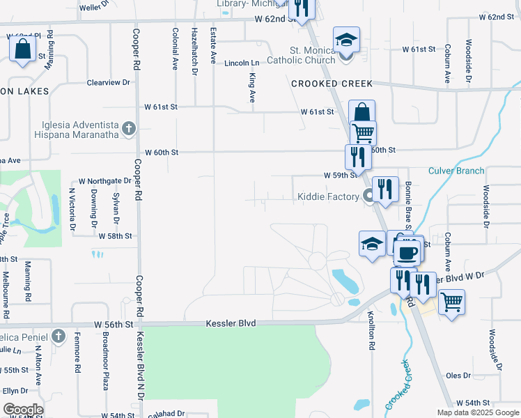 map of restaurants, bars, coffee shops, grocery stores, and more near 2453 West 58th Street in Indianapolis