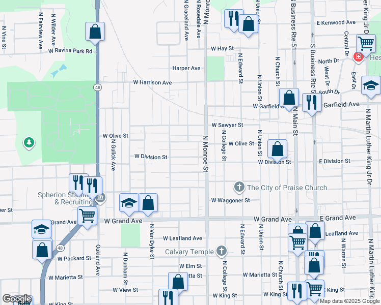 map of restaurants, bars, coffee shops, grocery stores, and more near 601-699 West Olive Street in Decatur