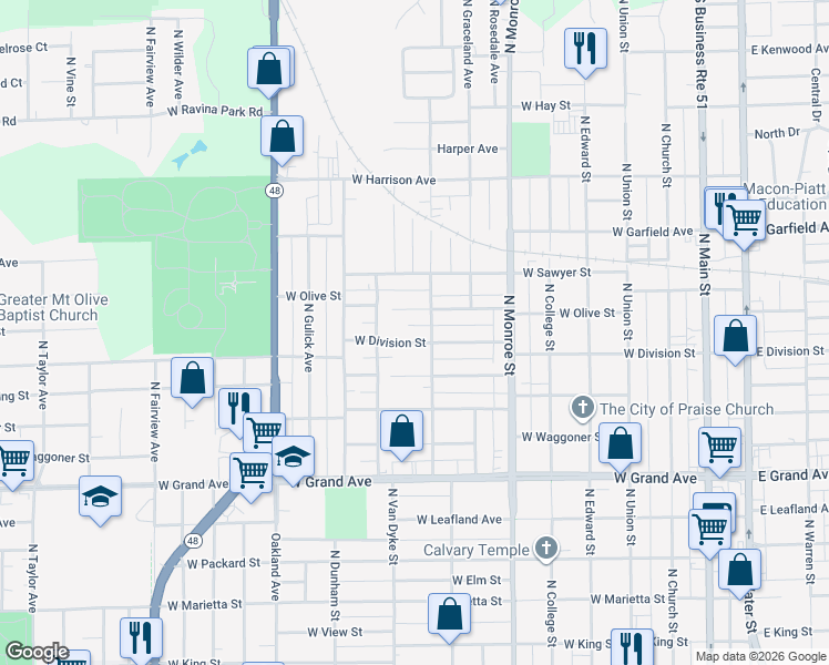 map of restaurants, bars, coffee shops, grocery stores, and more near 871 West Olive Street in Decatur