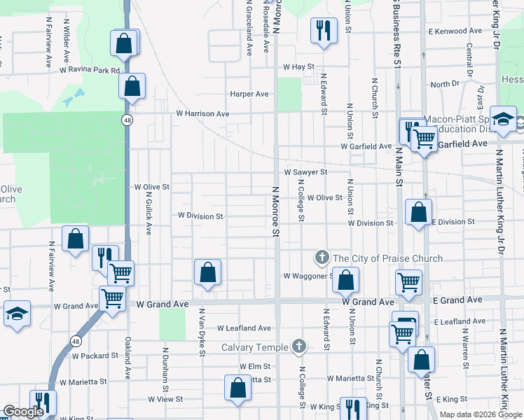 map of restaurants, bars, coffee shops, grocery stores, and more near 601-699 West Olive Street in Decatur