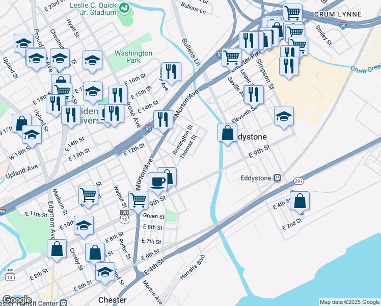 map of restaurants, bars, coffee shops, grocery stores, and more near 953 Johnson Street in Chester