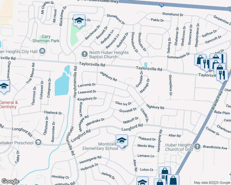 map of restaurants, bars, coffee shops, grocery stores, and more near 6524 Larcomb Drive in Dayton
