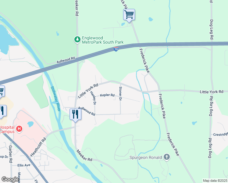 map of restaurants, bars, coffee shops, grocery stores, and more near 557 Kepler Road in Dayton