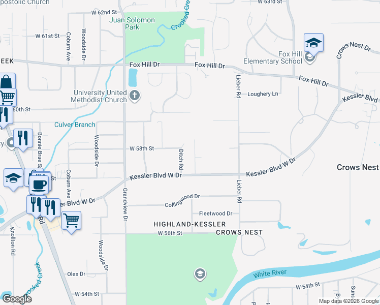 map of restaurants, bars, coffee shops, grocery stores, and more near 5835 Ditch Road in Indianapolis