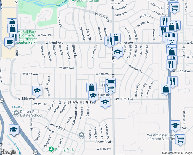 map of restaurants, bars, coffee shops, grocery stores, and more near 8973 Mccoy Place in Westminster