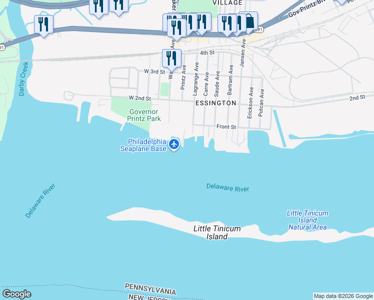 map of restaurants, bars, coffee shops, grocery stores, and more near in Tinicum Township