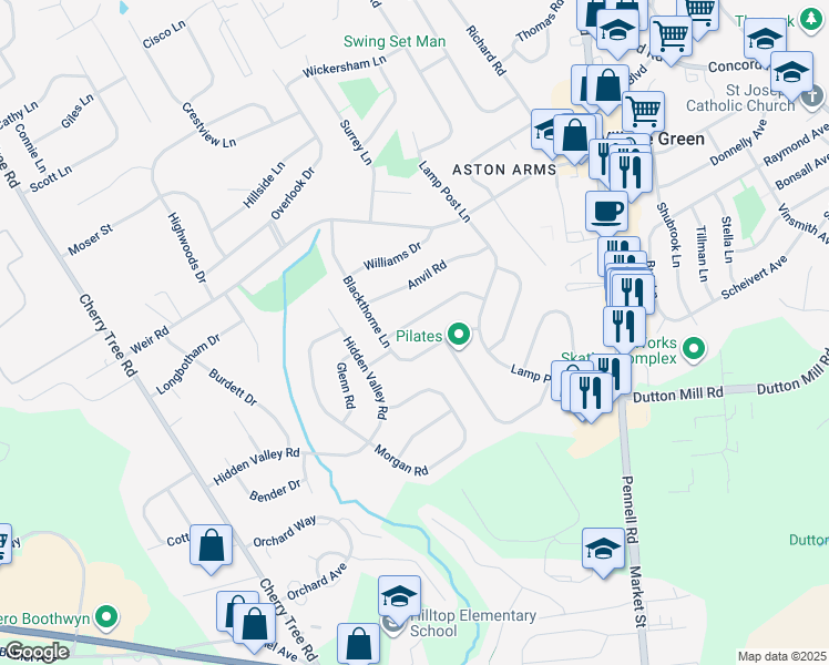 map of restaurants, bars, coffee shops, grocery stores, and more near 42 Hearthside Road in Aston