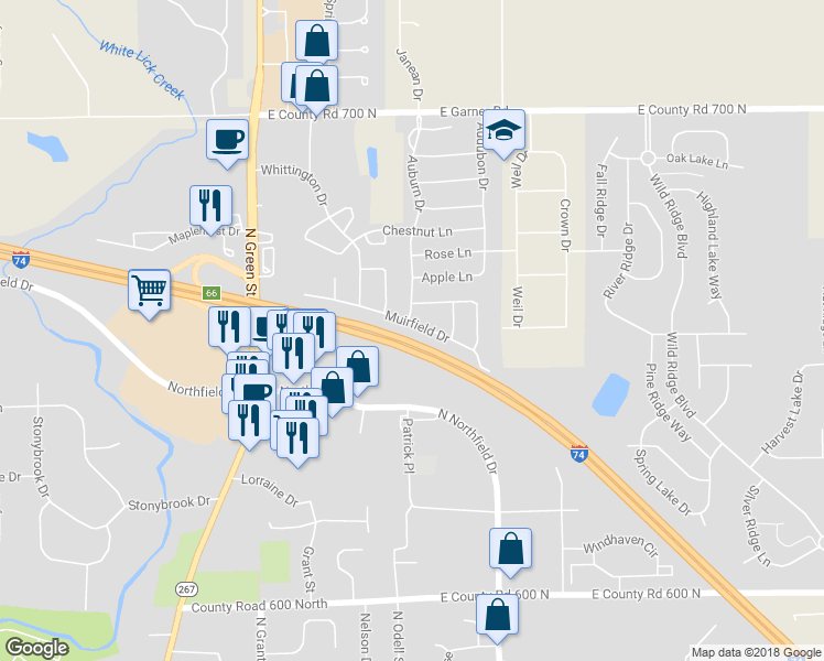 map of restaurants, bars, coffee shops, grocery stores, and more near 707 Muirfield Drive in Brownsburg