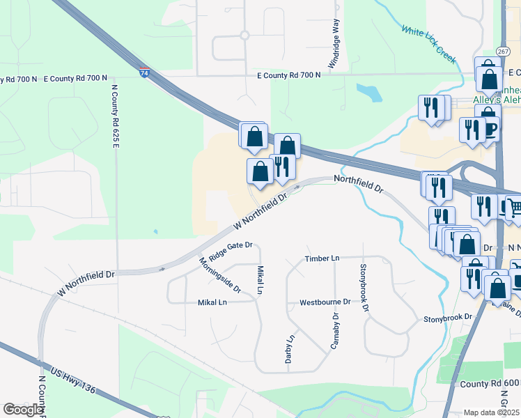 map of restaurants, bars, coffee shops, grocery stores, and more near 1665 West Northfield Drive in Brownsburg