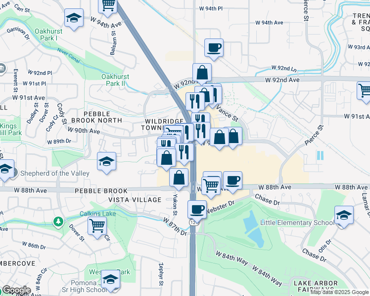 map of restaurants, bars, coffee shops, grocery stores, and more near 9000 Yukon Street in Westminster